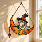 Witch Hat Frog on Crescent Moon Holographic Acrylic Suncatcher