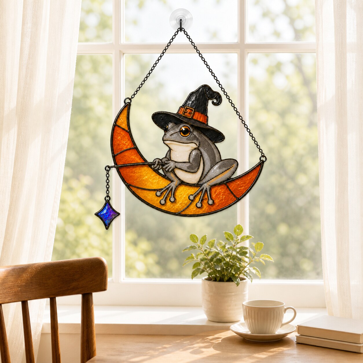 Witch Hat Frog on Crescent Moon Holographic Acrylic Suncatcher