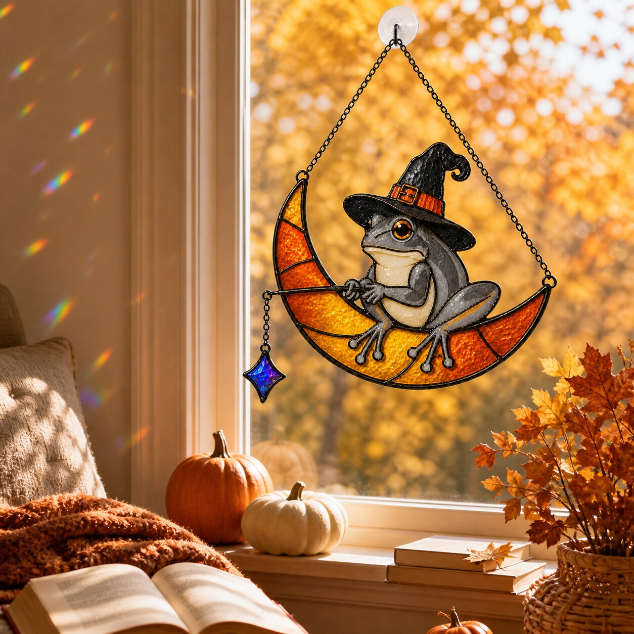 Witch Hat Frog on Crescent Moon Holographic Acrylic Suncatcher