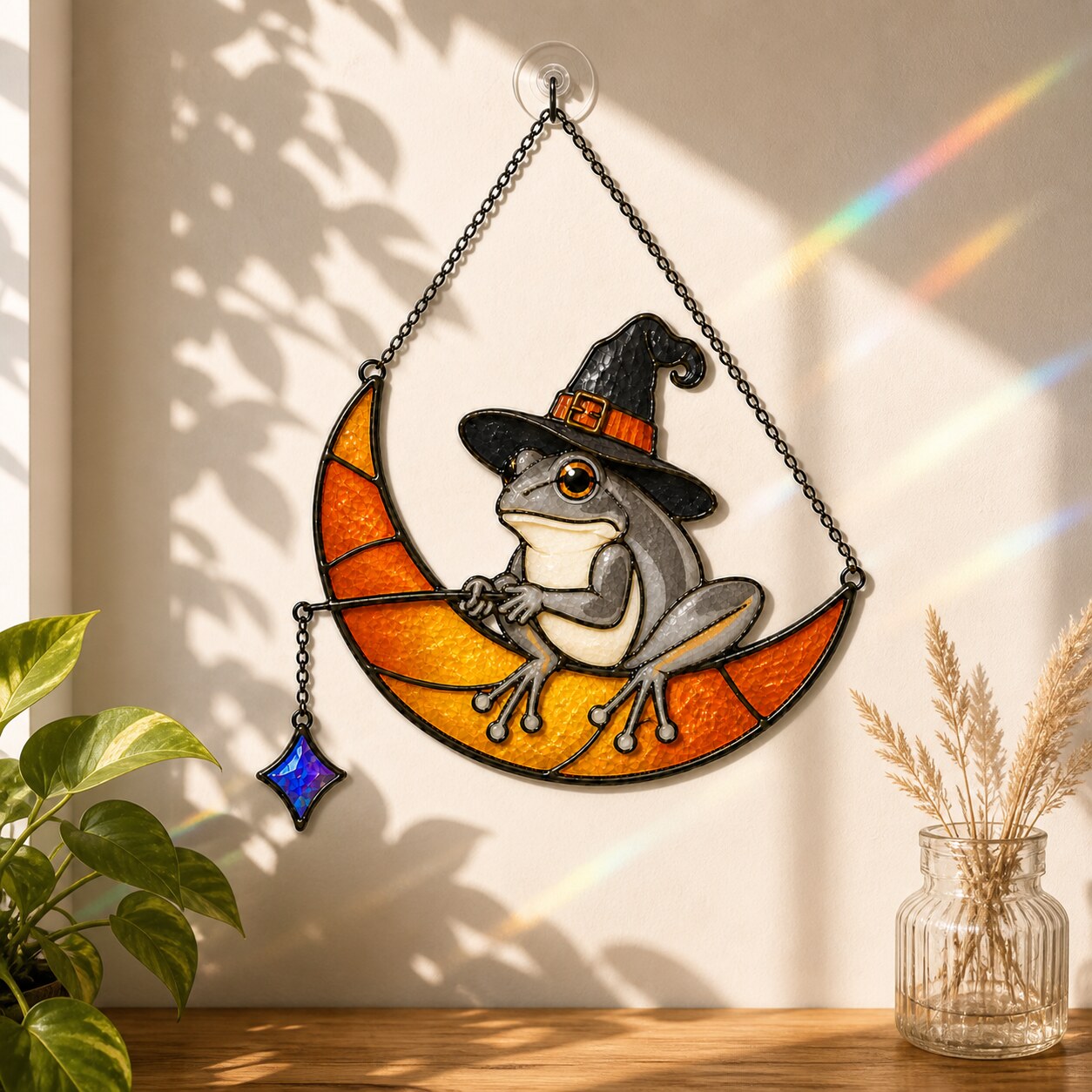 Witch Hat Frog on Crescent Moon Holographic Acrylic Suncatcher