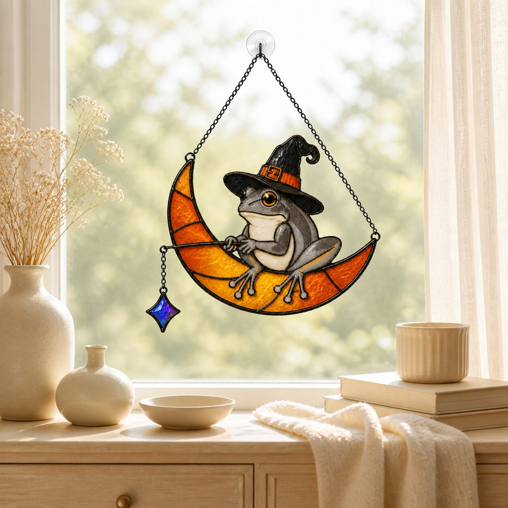 Witch Hat Frog on Crescent Moon Holographic Acrylic Suncatcher