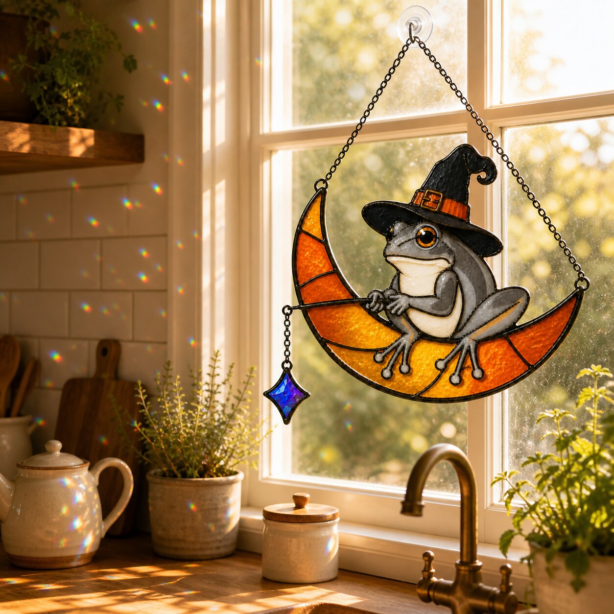Witch Hat Frog on Crescent Moon Holographic Acrylic Suncatcher