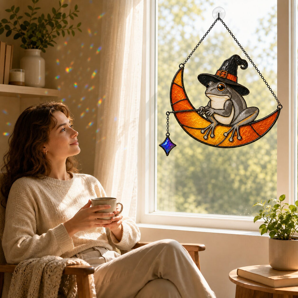 Witch Hat Frog on Crescent Moon Holographic Acrylic Suncatcher