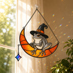 Witch Hat Frog on Crescent Moon Holographic Acrylic Suncatcher
