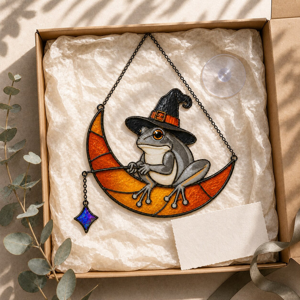 Witch Hat Frog on Crescent Moon Holographic Acrylic Suncatcher