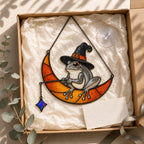Witch Hat Frog on Crescent Moon Holographic Acrylic Suncatcher