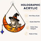 Witch Hat Frog on Crescent Moon Holographic Acrylic Suncatcher