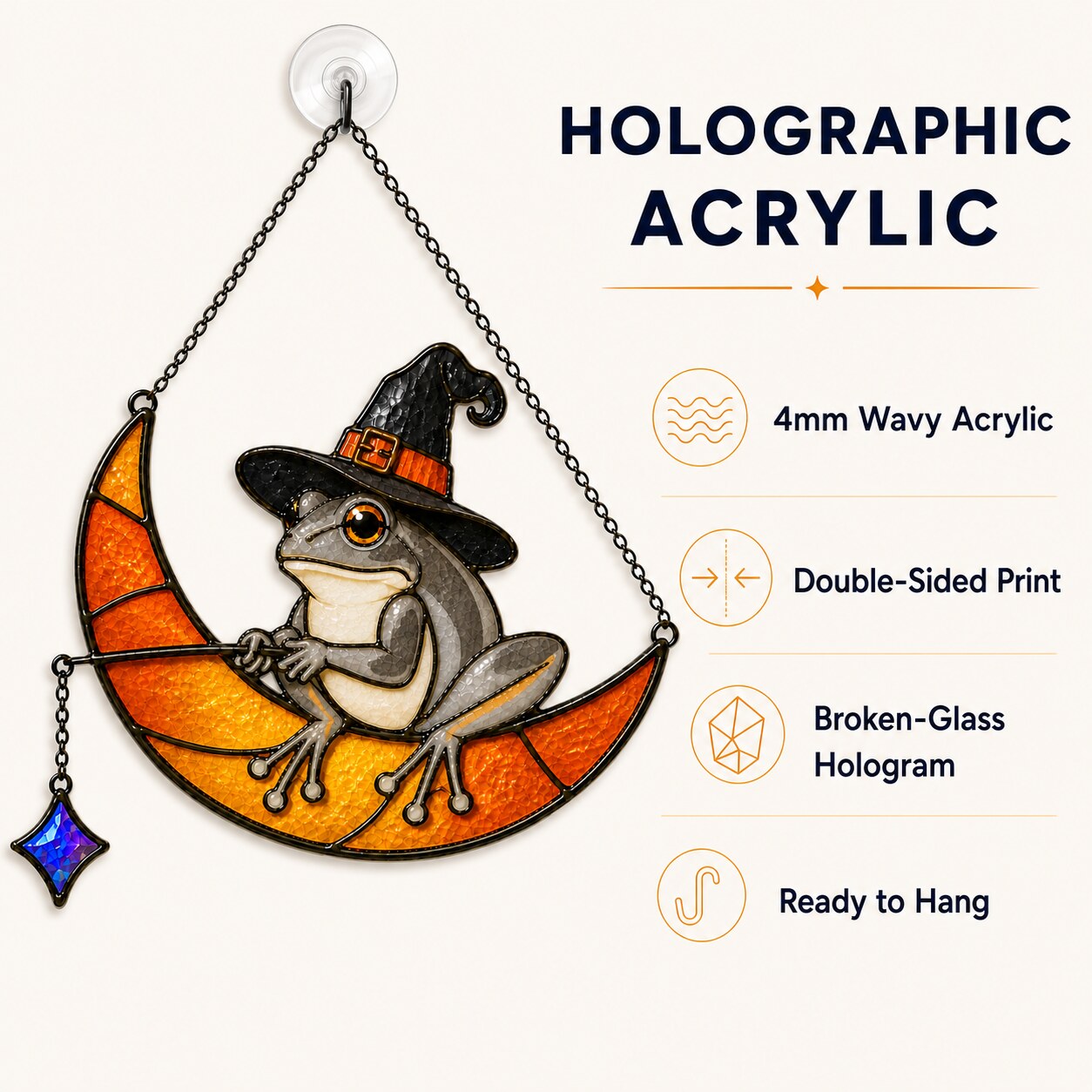 Witch Hat Frog on Crescent Moon Holographic Acrylic Suncatcher