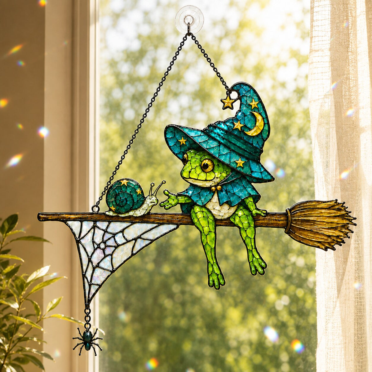 Wizard Frog on Broomstick with Spider Web Holographic Acrylic Suncatcher