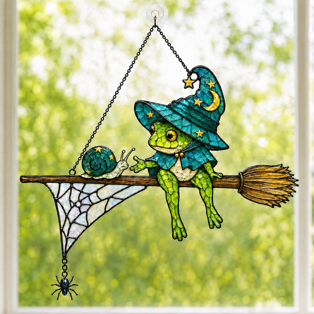 Wizard Frog on Broomstick with Spider Web Holographic Acrylic Suncatcher