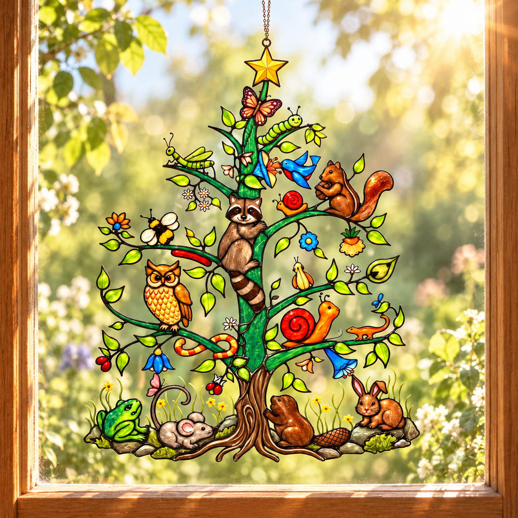Woodland Animals Christmas Tree Holographic Acrylic Suncatcher
