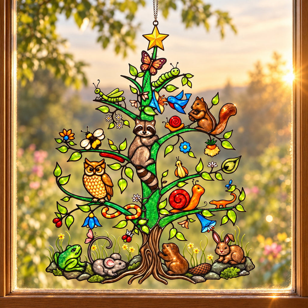 Woodland Animals Christmas Tree Holographic Acrylic Suncatcher