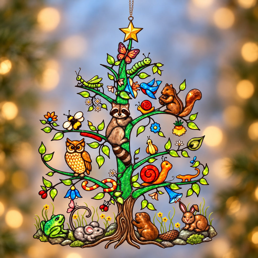 Woodland Animals Christmas Tree Holographic Acrylic Suncatcher