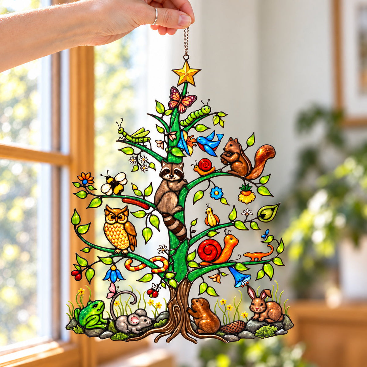 Woodland Animals Christmas Tree Holographic Acrylic Suncatcher