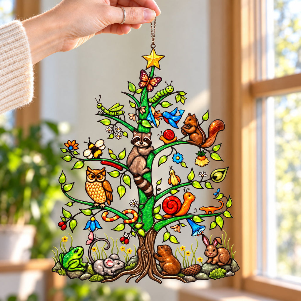 Woodland Animals Christmas Tree Holographic Acrylic Suncatcher
