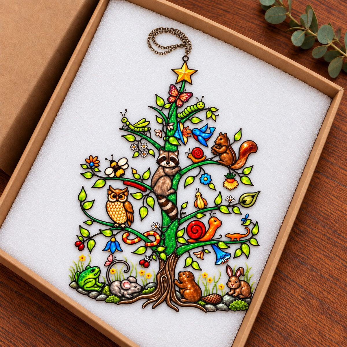 Woodland Animals Christmas Tree Holographic Acrylic Suncatcher