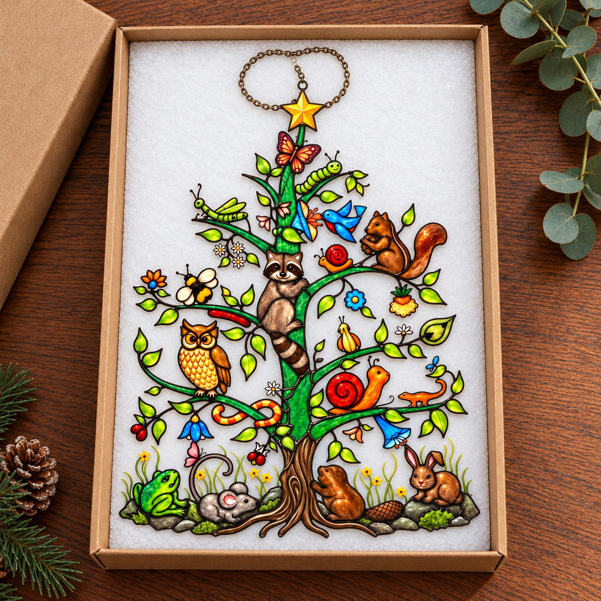 Woodland Animals Christmas Tree Holographic Acrylic Suncatcher