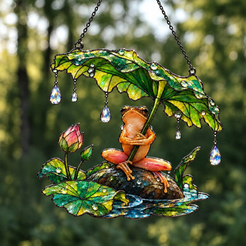 Zen Frog Meditating Under Lotus Leaf Umbrella Holographic Acrylic Suncatcher