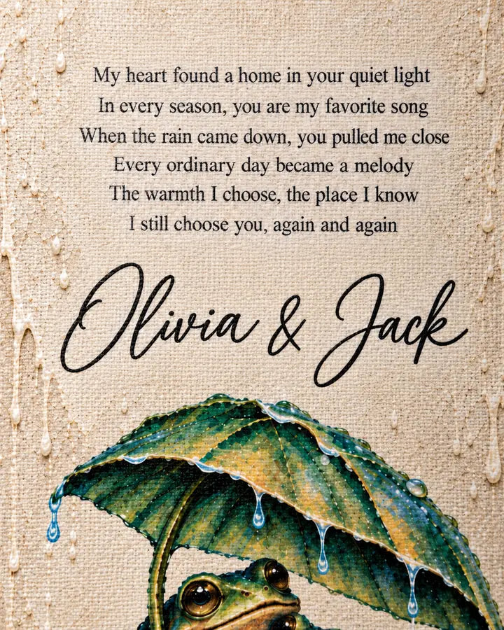 Six short lines of text in a warm serif above the frogs’ leaf, canvas weave visible
