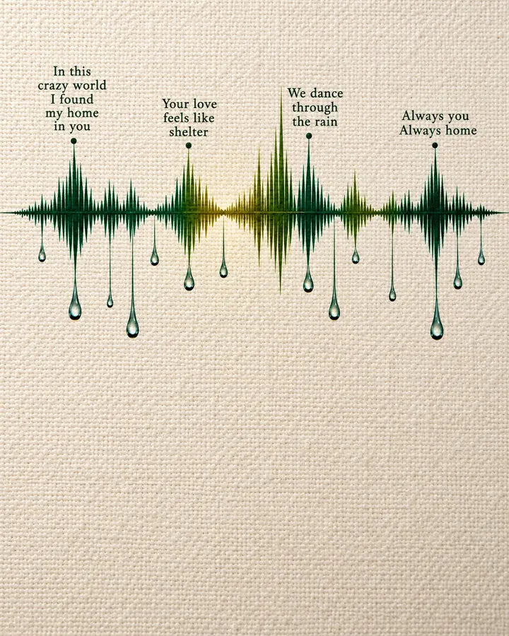 A horizontal soundwave drawn in ink across cream canvas, four short phrases sitting on its peaks