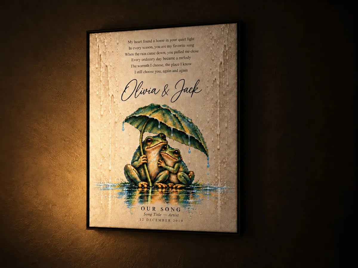 The Our Song canvas at dusk, a single warm lamp lighting it from the side, the rest of the room in shadow